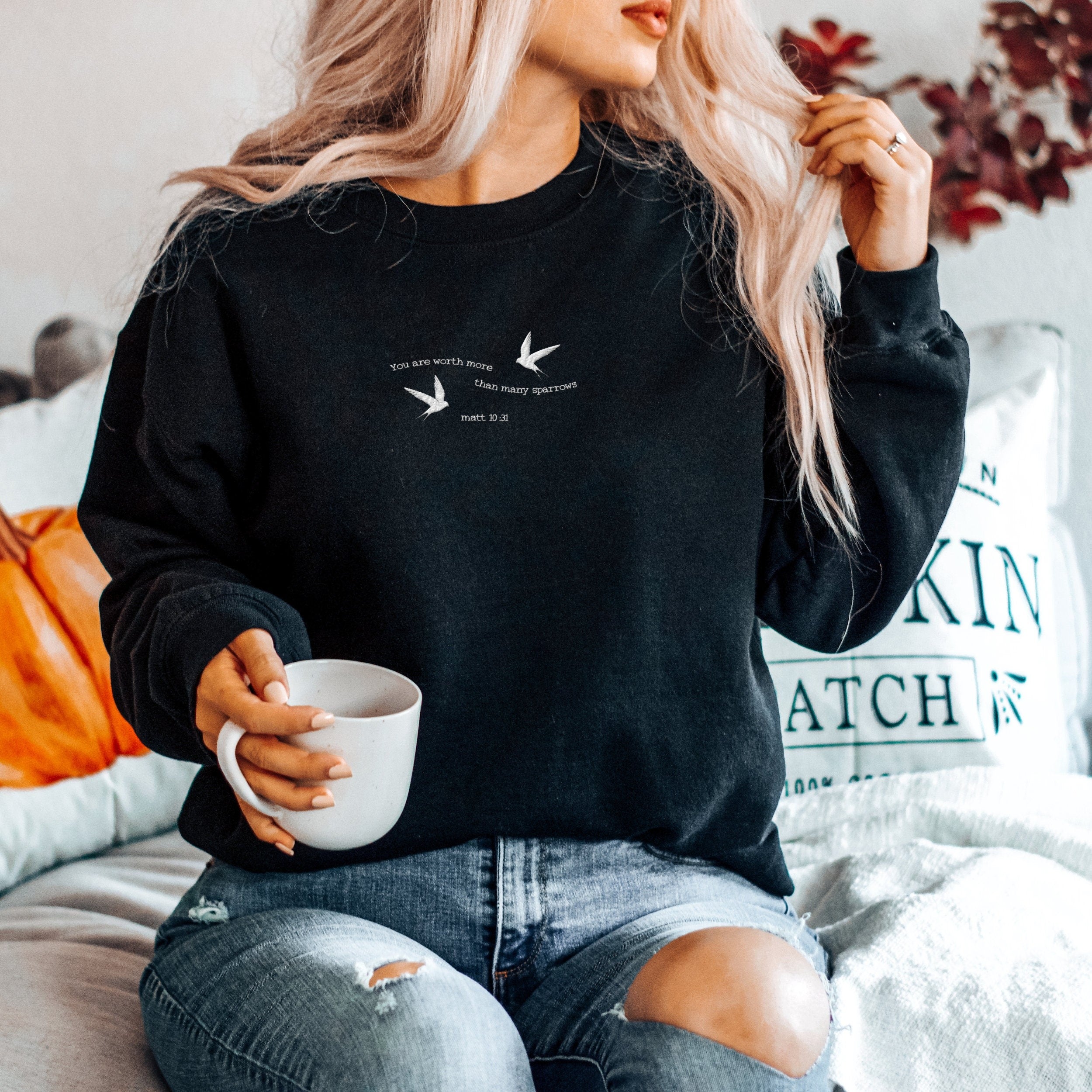 Embroidered Christian Sweatshirt, Embroidered Bible Verse Shirt, 'You Are Worth More Than Sparrows' Shirt, Christian Embroidered Crewneck